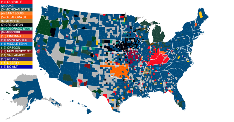 Illustration for article titled Facebook Data Give Us The Best Fandom Map of the NCAA Tournament